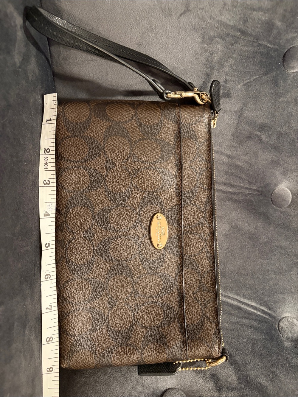 Coach Brown Signature Canvas Wristlet with Black Strap